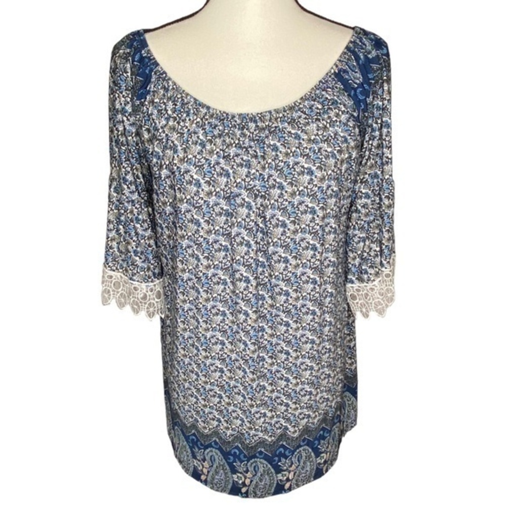 Win Win Top Half Sleeve Lace Detail Elastic‎ Neckline Peasant Tunic Blouse